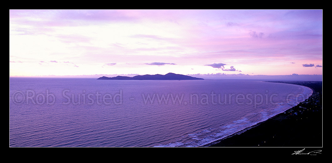 Image of Dusk over Kapiti Island and Paekakariki coastline, Paekakariki, Kapiti Coast District, Wellington Region, New Zealand (NZ) stock photo image