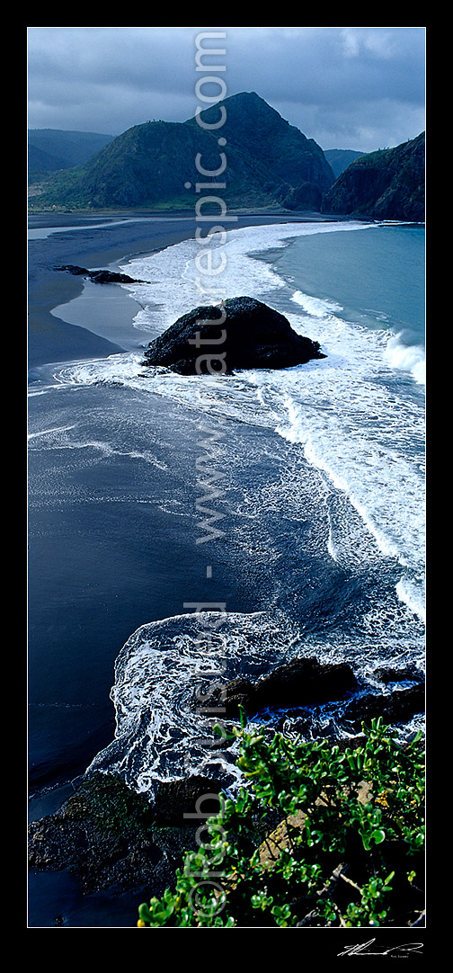 Image of Surf rolling onto Whatipu Beach (black ironsand) at the entrance to Manukau harbour, Auckland, Waitakere City District, Auckland Region, New Zealand (NZ) stock photo image