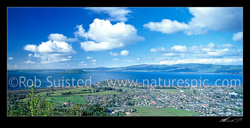 Image of View over Rotorua, Mokoia Island and Lake Rotorua, Rotorua, Rotorua District, Bay of Plenty Region, New Zealand (NZ) stock photo image