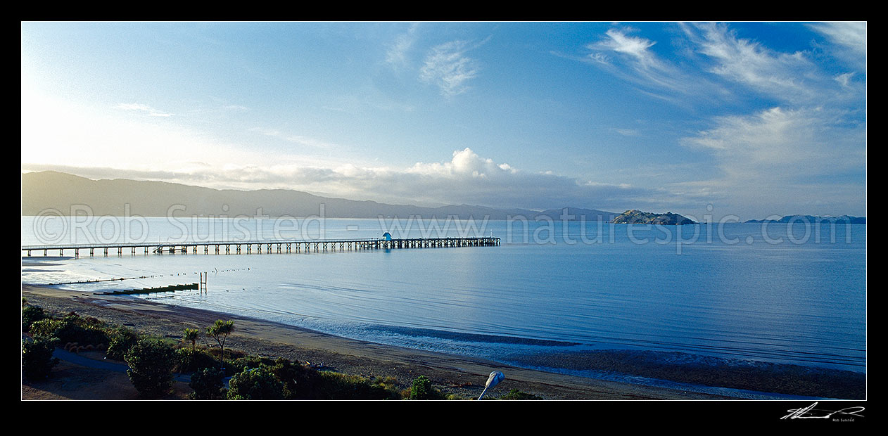 Image of Petone Wharf at dawn; Petone foreshore panorama, Petone, Hutt City District, Wellington Region, New Zealand (NZ) stock photo image