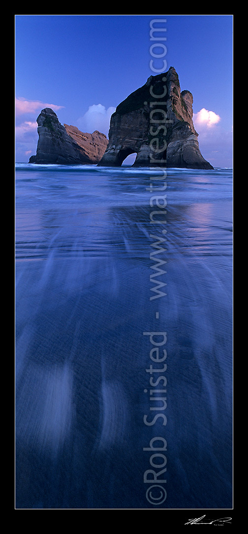 Image of The Archway Islands at dawn on Wharariki Beach; Puponga Farm Park, Farewell Spit, Golden Bay, Tasman District, Tasman Region, New Zealand (NZ) stock photo image