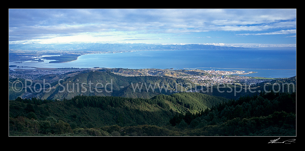 Image of Overlooking Nelson, Stoke, & Tasman Bay from Fringed Hill. Kahurangi National Park beyond, Nelson, Nelson City District, Nelson Region, New Zealand (NZ) stock photo image