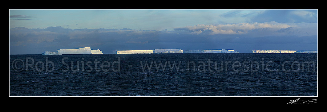 Image of Panorama of old grounded tabular icebergs in the evening sunlight, Cape Adare, Ross Sea, Antarctica stock photo image