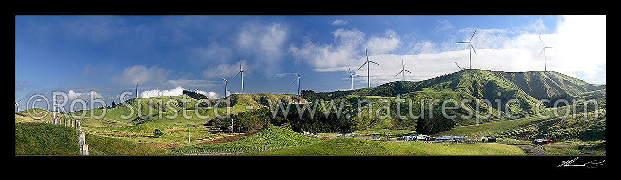 Image of Te Apiti wind farm in hills above Manawatu Gorge. 90 MW installed capacity. Giant panorama +1.06m @ 300dpi, Ashhurst, Manawatu District, Manawatu-Wanganui Region, New Zealand (NZ) stock photo image