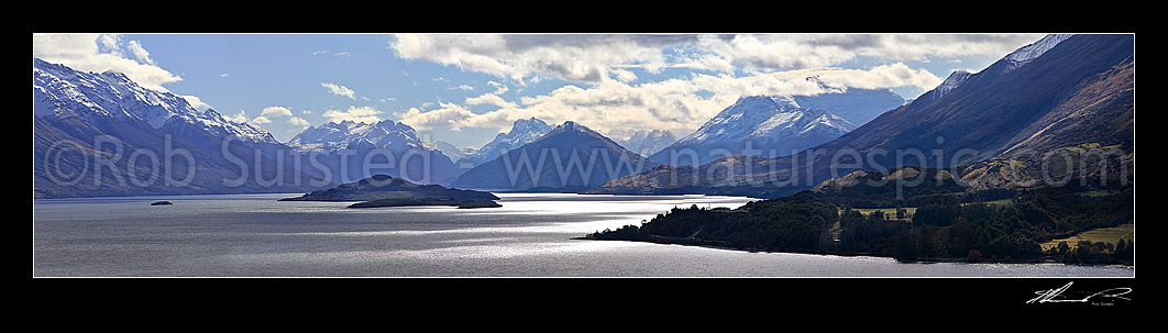 Image of Panorama looking up Lake Wakatipu to Glenorchy and the Rees and Dart Rivers. Pig and Pigeon Islands, Queenstown, Queenstown Lakes District, Otago Region, New Zealand (NZ) stock photo image