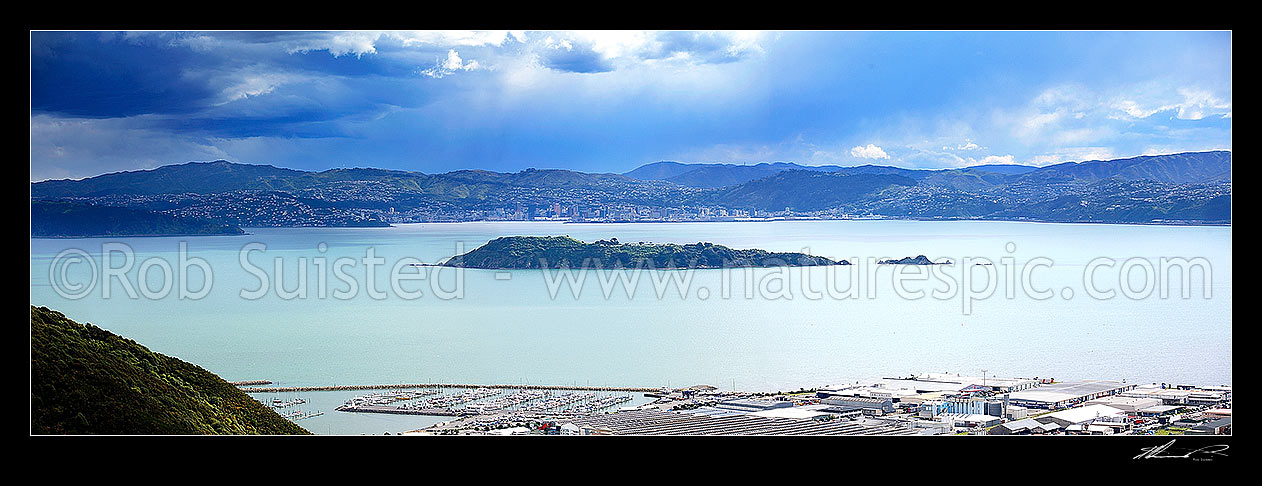 Image of Southerly front looming over Wellington City and Matiu / Somes Island from the Wainuiomata Hill. Seaview Marina below. Large panorama, Wellington, Hutt City District, Wellington Region, New Zealand (NZ) stock photo image