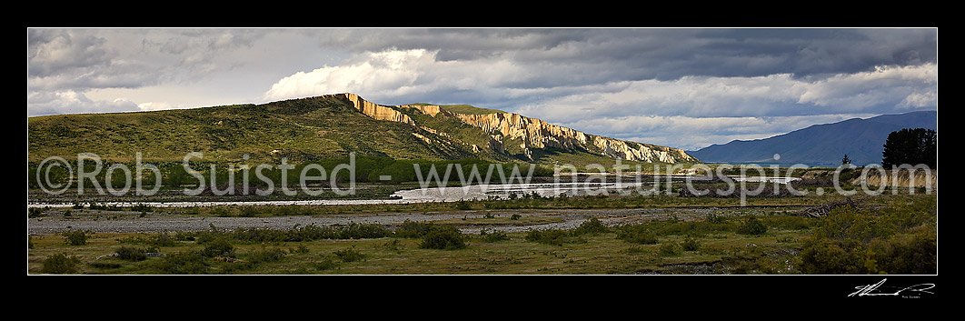 Image of Panorama of Omarama Clay Cliffs near the Ahuriri River - Badland erosion., Omarama, MacKenzie District, Canterbury Region, New Zealand (NZ) stock photo image