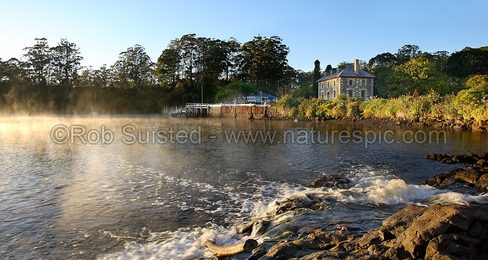 Image of Historic Stone Store (1832) on early misty morning, Kerikeri Inlet Basin and River, Kerikeri, Far North District, Northland Region, New Zealand (NZ) stock photo image