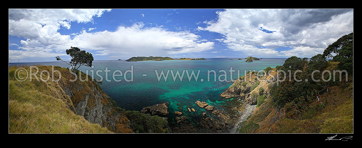 Image of Looking from Matauri Bay headland across Cavalli Passage to the Cavalli Islands -Motukawanui, Motukawaiti, Piraunui, Kohangaro etc. Panoramic view, Matauri Bay, Far North District, Northland Region, New Zealand (NZ) stock photo image