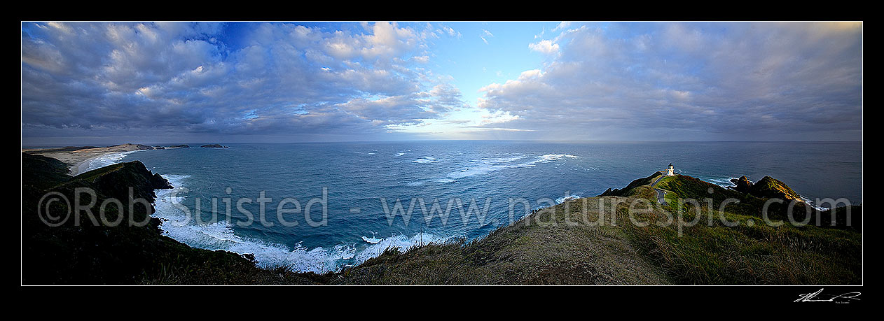 Image of Panorama looking from Cape Maria van Diemen around past Columbia Banks to the Cape Reinga (Te Rerengawairua) lighthouse with first rays of dawn, Cape Reinga, Far North District, Northland Region, New Zealand (NZ) stock photo image