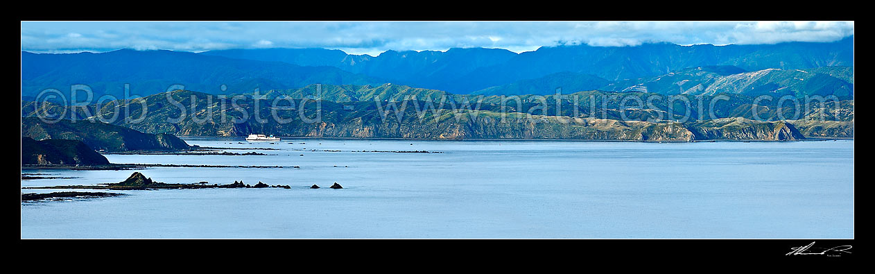 Image of Panorama of Wellington harbour entrance Heads with Cook Strait interisland ferry Aratere passing Barrett Reef. Pencarrow Head behind. Palmer Head and Island Bay foreground, Wellington, Wellington City District, Wellington Region, New Zealand (NZ) stock photo image