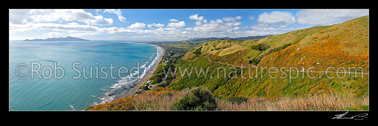 Image of Panorama over Paraparaumu, Kapiti Coast and Kapiti Island, from above Paekakariki, Paekakariki, Kapiti Coast District, Wellington Region, New Zealand (NZ) stock photo image