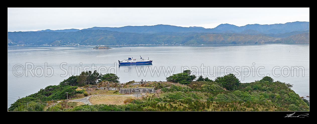 Image of Interisland ferry passing Historic Fort Balance (c.1886) at Point Gordon, Miramar Peninsula. Makaro/Ward Island and Eastbourne beyond, Wellington, Wellington City District, Wellington Region, New Zealand (NZ) stock photo image