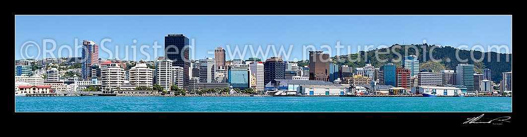 Image of Panorama of Wellington City CBD skyline, waterfront, wharves and office buildings from the harbour, Wellington City, Wellington City District, Wellington Region, New Zealand (NZ) stock photo image