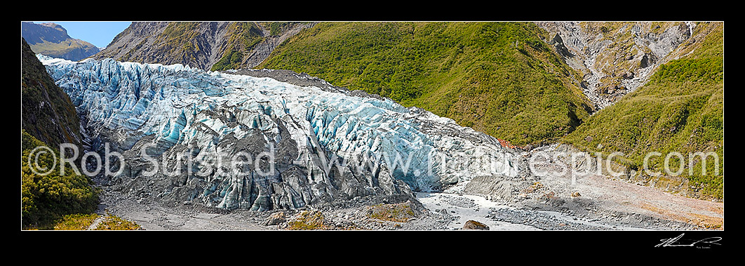 Image of Panorama of the Fox Glacier terminal face & Fox River Valley. 14km long, 245masl. Westland National Park, Fox Glacier, Westland District, West Coast Region, New Zealand (NZ) stock photo image