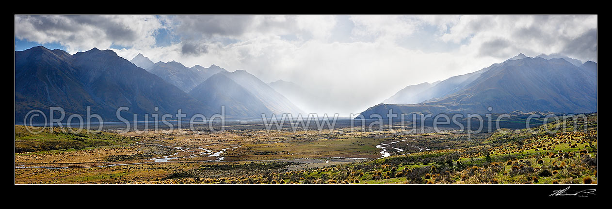 Image of Looking across Rangitata River from Mount Potts Station to rain coming down the Havelock River valley. Mesopotamia Station, Brabazon, Two Thumb Ranges at left. Clyde River, Erewhon & Cloudy Peak Range right, Mt Potts, Ashburton District, Canterbury Region, New Zealand (NZ) stock photo image