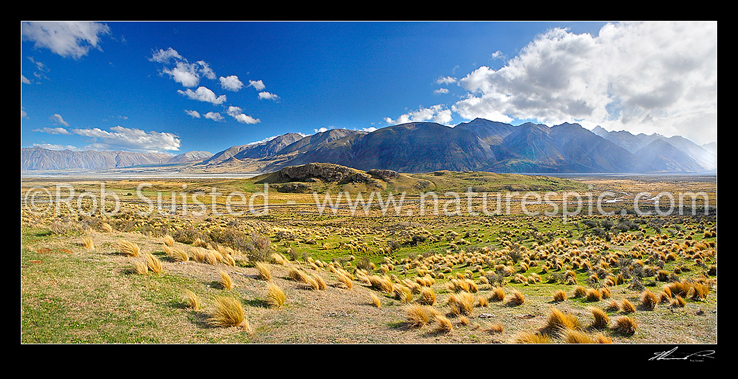 Image of Looking across Rangitata River from Mt Potts to Mesopotamia Station. Ben McLeod Range left, Sinclair Range and Mt Sunday centre. Brabazon Range right. Rain coming down Havelock River right, Mt Potts, Ashburton District, Canterbury Region, New Zealand (NZ) stock photo image