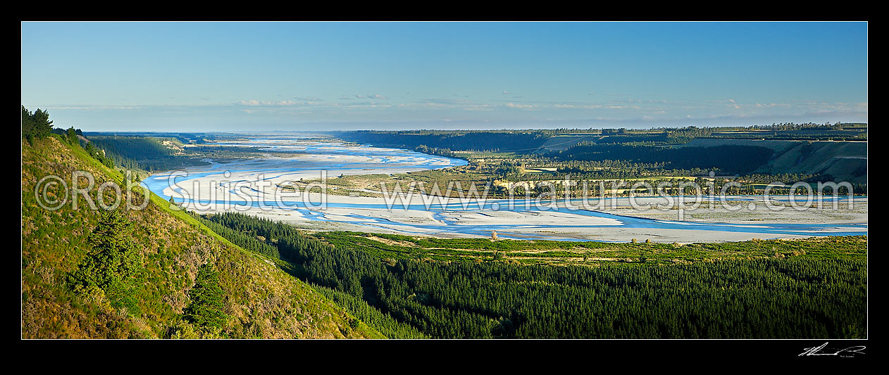 Image of Looking down the braided riverbed of the Rakaia River winding it's way to the coast over the Canterbury plains, from near Rakaia Gorge, Rakaia Gorge, Selwyn District, Canterbury Region, New Zealand (NZ) stock photo image