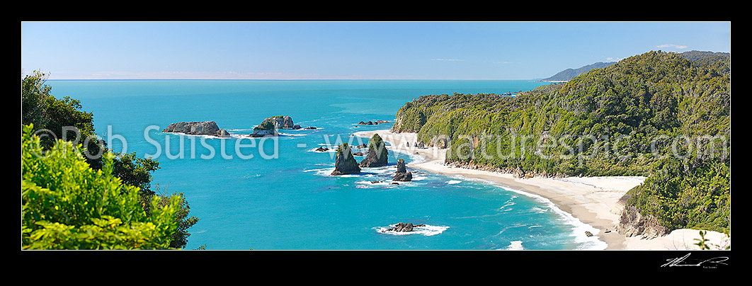 Image of Looking north along remote South Westland Coast from Knights Point over Murphy Beach, Herring Stream and rocky outcrops. Rainforest cloaked headlands, Haast, Westland District, West Coast Region, New Zealand (NZ) stock photo image