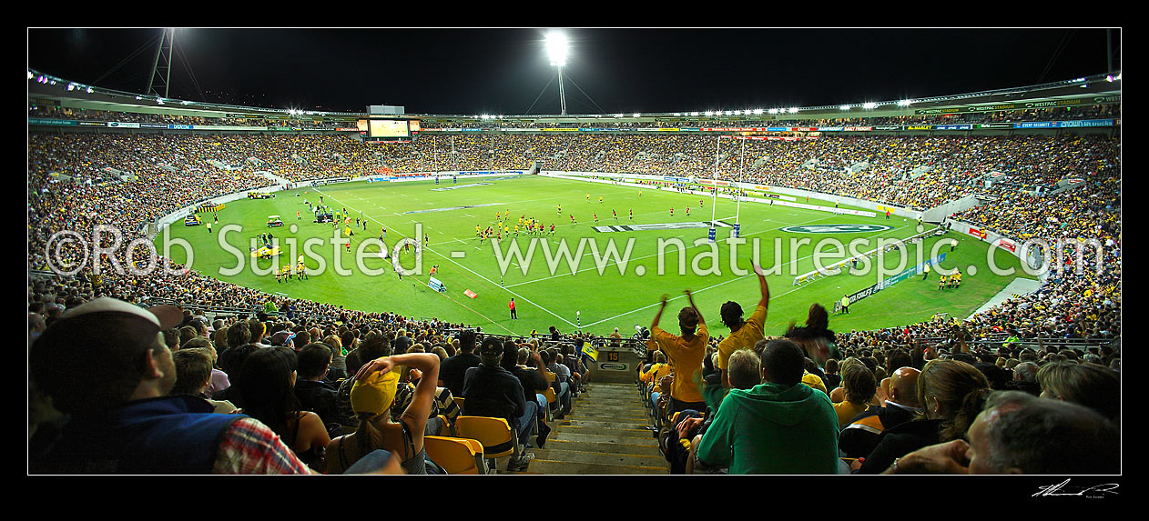 Image of Panorama inside the Wellington Westpac Stadium for a super 14 rugby union game between the Hurricanes and Crusaders. Often called the 