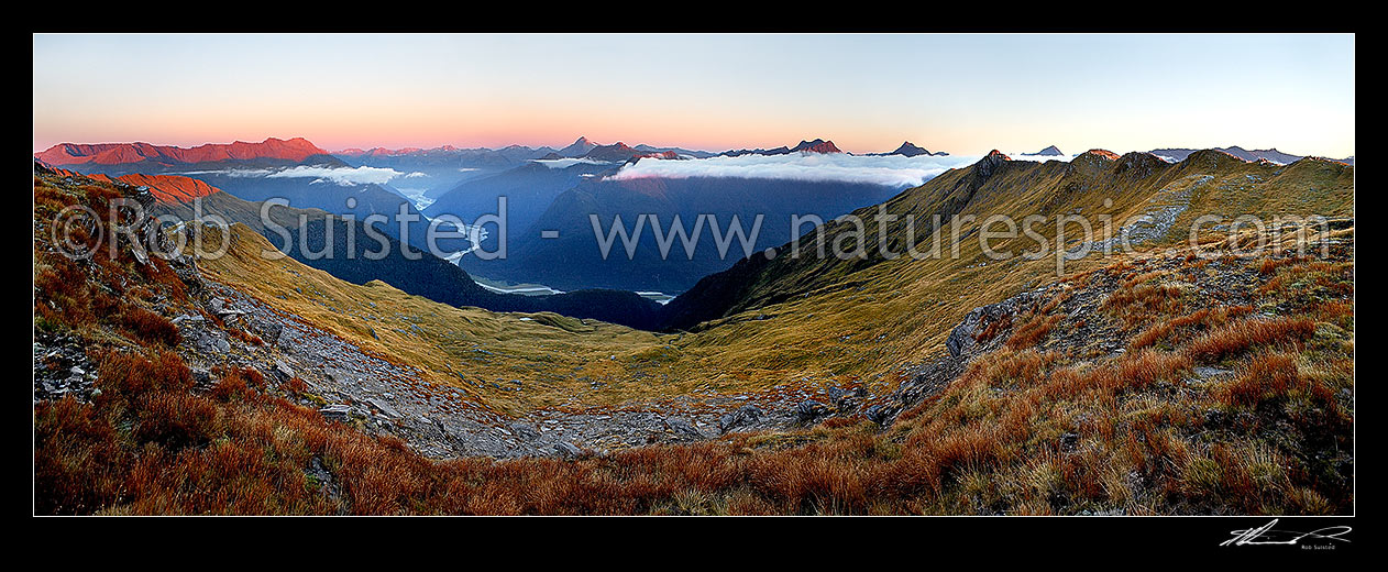 Image of Haast River Valley sunset from the Thomas Range, Crow Creek. Mount Brewster (2515m) centre left, with Haast Range right distance. Trig 'N' Tarn (1474m) right, Haast, Westland District, West Coast Region, New Zealand (NZ) stock photo image