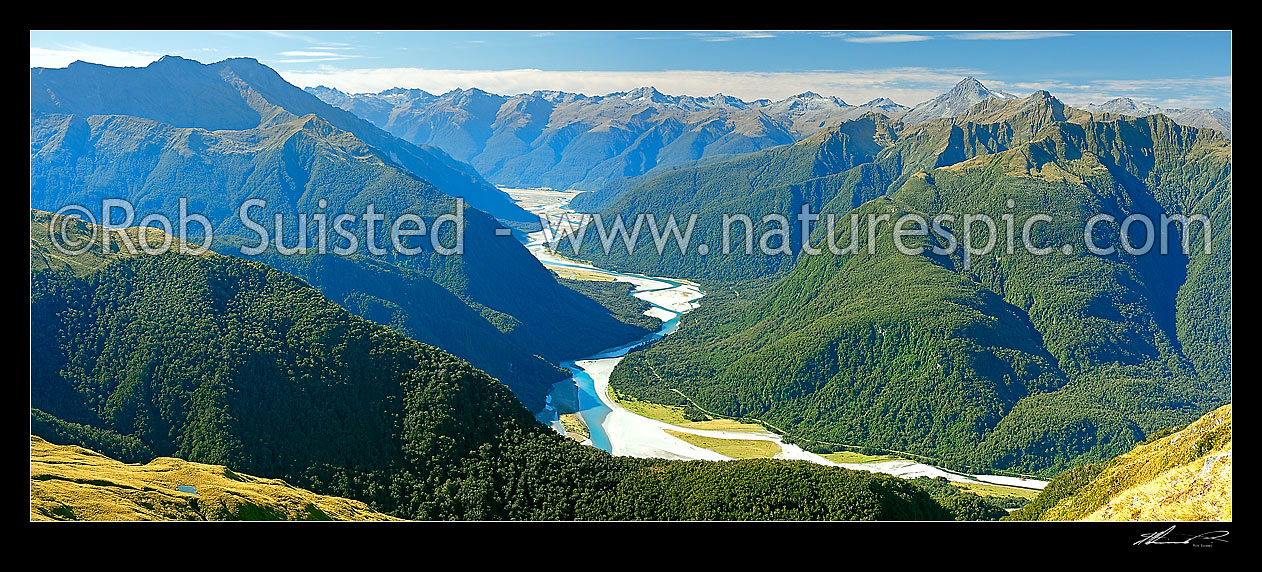 Image of Haast River Valley from the Thomas Range. Mount Brewster (2515m) right, with Midnight Ridge foreground, Roaring Billy left. Southern Alps distant, Haast, Westland District, West Coast Region, New Zealand (NZ) stock photo image