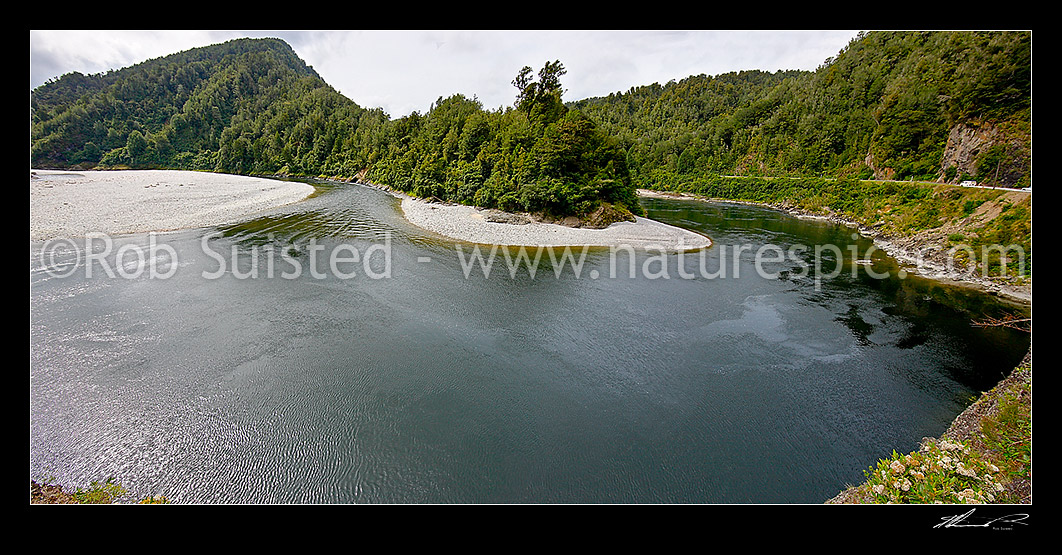 Image of Buller River winds around Dee Point next to Hawks Crag, on State Highway 6 to Westport. Panorama, Westport, Buller District, West Coast Region, New Zealand (NZ) stock photo image