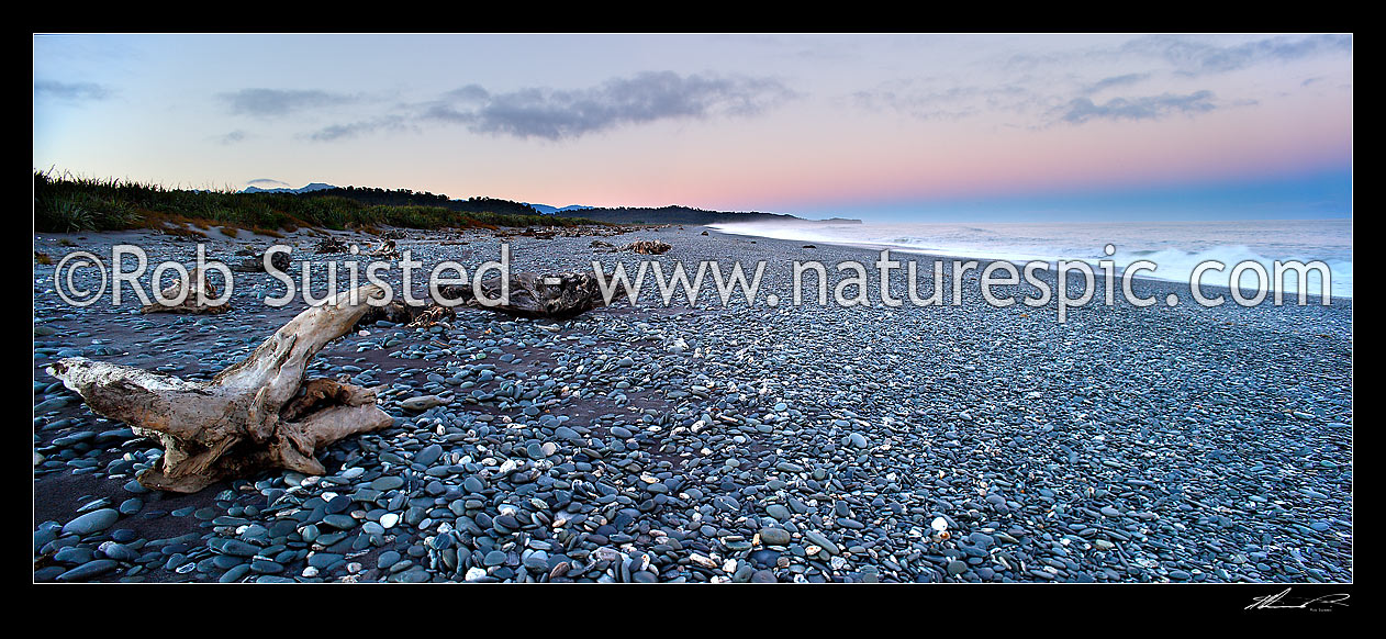 Image of Gillespies Beach on the wild South Westland coast. Panorama of waves, driftwood and shingle pebble beach early morning light before sun up, Gillespies Beach, Westland District, West Coast Region, New Zealand (NZ) stock photo image