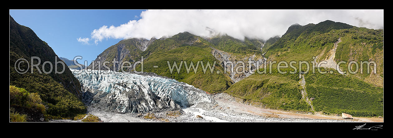 Image of Panorama of the Fox Glacier terminal face & Fox River Valley. 14km long, 245masl. Westland National Park, Fox Glacier, Westland District, West Coast Region, New Zealand (NZ) stock photo image