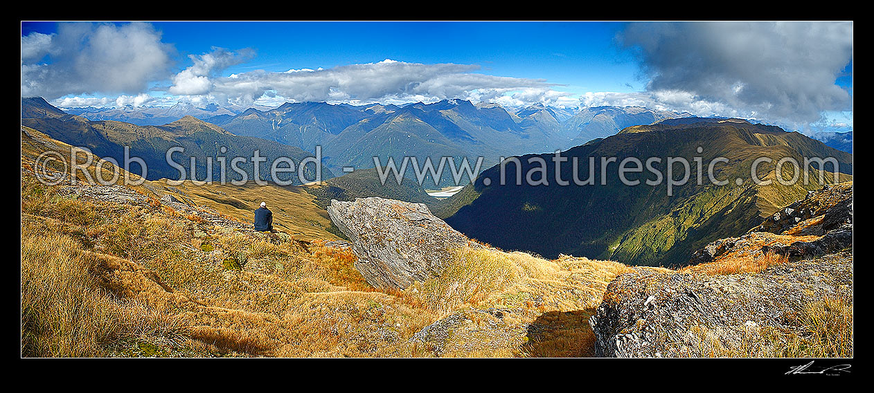 Image of Looking across the Haast River valley from the Thomas Range. Tramper / hunter looking down Midnight ridge from near Mount Swindle (1588m). Neilson Creek below, Haast, Westland District, West Coast Region, New Zealand (NZ) stock photo image