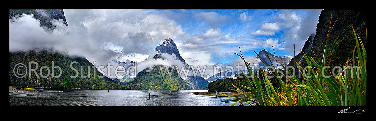 Image of Milford Sound panorama in clearing weather over Mitre Peak (1683m) from near Freshwater Basin. Sinbad Gully valley left, The Lion centre right, Milford Sound, Fiordland National Park, Southland District, Southland Region, New Zealand (NZ) stock photo image