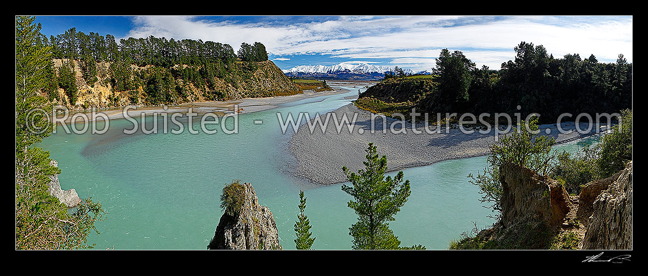 Image of Waimakariri River Gorge on the Canterbury Plains. Torlesse Range and Southern Alps in snow in background. Panorama, Springfield, Selwyn District, Canterbury Region, New Zealand (NZ) stock photo image