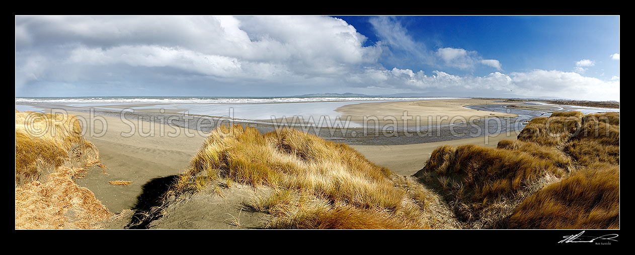 Image of Oreti Beach and sand dunes at Waimatuku Stream mouth, between Invercargill and Riverton. Panorama, Oreti Beach, Southland District, Southland Region, New Zealand (NZ) stock photo image