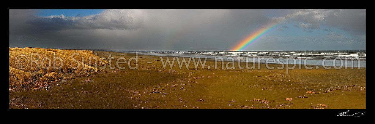 Image of Oreti Beach and sand dunes at Waimatuku Stream mouth, between Invercargill and Riverton. Panorama, Oreti Beach, Southland District, Southland Region, New Zealand (NZ) stock photo image