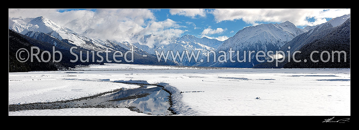 Image of Waimakariri River valley headwaters in heavy winter snow. Panorama, Arthur's Pass National Park, Selwyn District, Canterbury Region, New Zealand (NZ) stock photo image