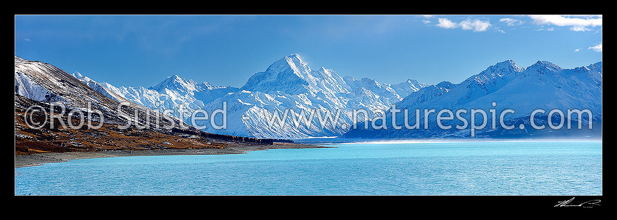 Image of Aoraki / Mount Cook (3754m) and Lake Pukaki in winter. Mt La Perouse (3078m) left, Tasman Valley and Burnett Mountains Range right. Panorama, Aoraki / Mount Cook National Park, MacKenzie District, Canterbury Region, New Zealand (NZ) stock photo image