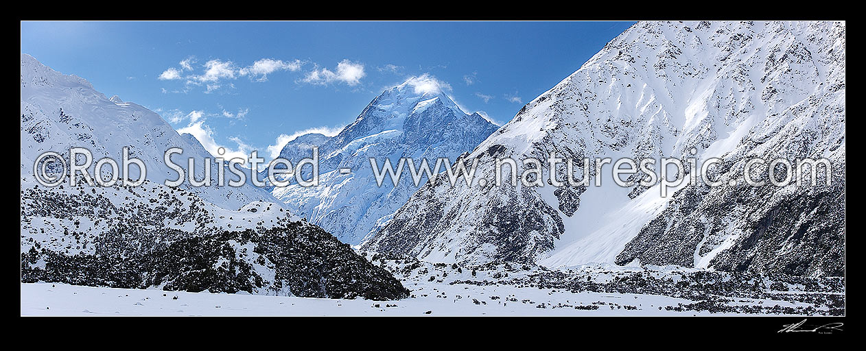 Image of Aoraki / Mount Cook (3754m) in winter snow. Hooker River Valley. Panorama, Aoraki / Mount Cook National Park, MacKenzie District, Canterbury Region, New Zealand (NZ) stock photo image