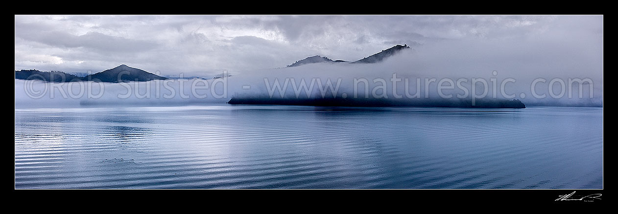 Image of Marlborough Sounds. Misty moody calm grey morning on Queen Charlotte Sound. Panorama, Picton, Marlborough District, Marlborough Region, New Zealand (NZ) stock photo image