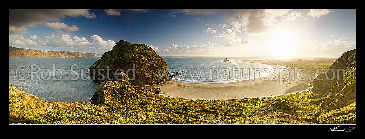 Image of Whatipu Beach, West Auckland coast, with Manukau Harbour entrance, Wonga wonga Bay and Paratutae Island left, and Ninepin Rock centre right, Whatipu Beach, Waitakere City District, Auckland Region, New Zealand (NZ) stock photo image