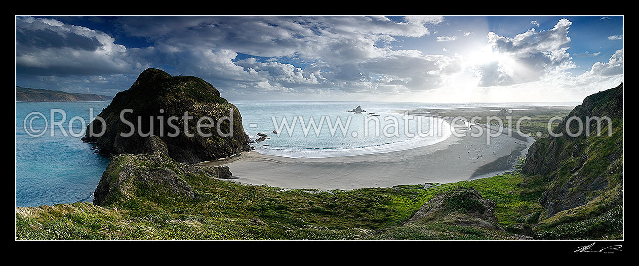 Image of Whatipu Beach, West Auckland coast, with Manukau Harbour entrance, Wonga wonga Bay and Paratutae Island left, and Ninepin Rock centre right, Whatipu Beach, Waitakere City District, Auckland Region, New Zealand (NZ) stock photo image