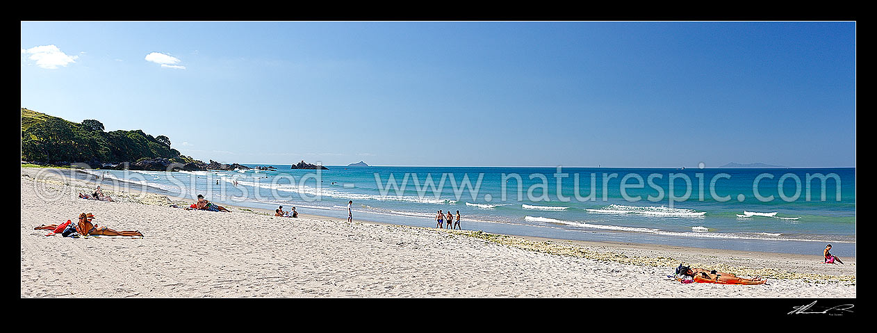 Image of Mount Maunganui summer beach panorama with swimmers and sunbathers, Mount Maunganui, Tauranga District, Bay of Plenty Region, New Zealand (NZ) stock photo image