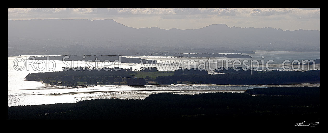 Image of Tauranga Harbour, looking from Mt Maunganui, over Matakana Island towards Katikati, Mount Maunganui, Tauranga District, Bay of Plenty Region, New Zealand (NZ) stock photo image