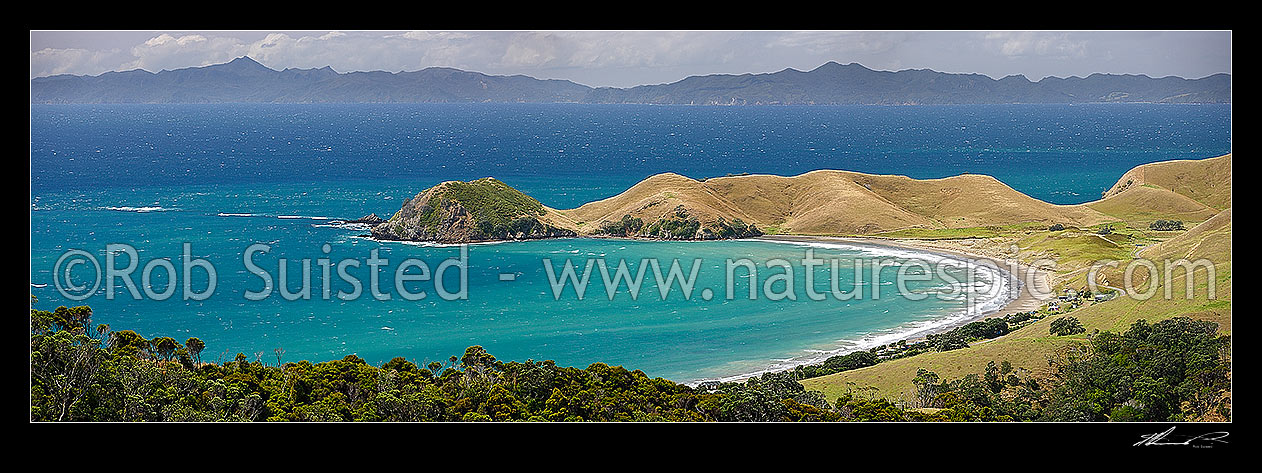 Image of Cape Colville (centre) and Port Jackson bay and beach at northern end of Coromandel Peninsula. Great Barrier (Aotea) Island beyond. Panorama, Cape Colville, Thames-Coromandel District, Waikato Region, New Zealand (NZ) stock photo image