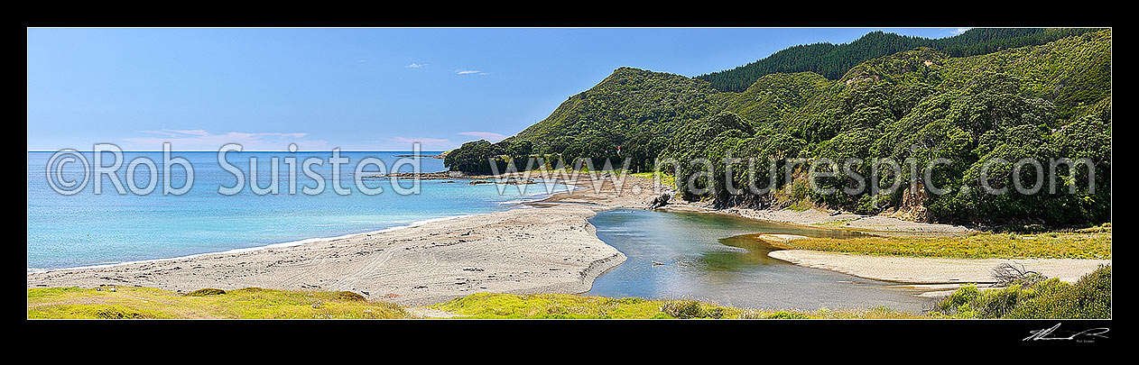 Image of Kereu River mouth and beach panorama on the coast near Te Kaha. Panorama, Te Kaha, East Cape, Opotiki District, Bay of Plenty Region, New Zealand (NZ) stock photo image