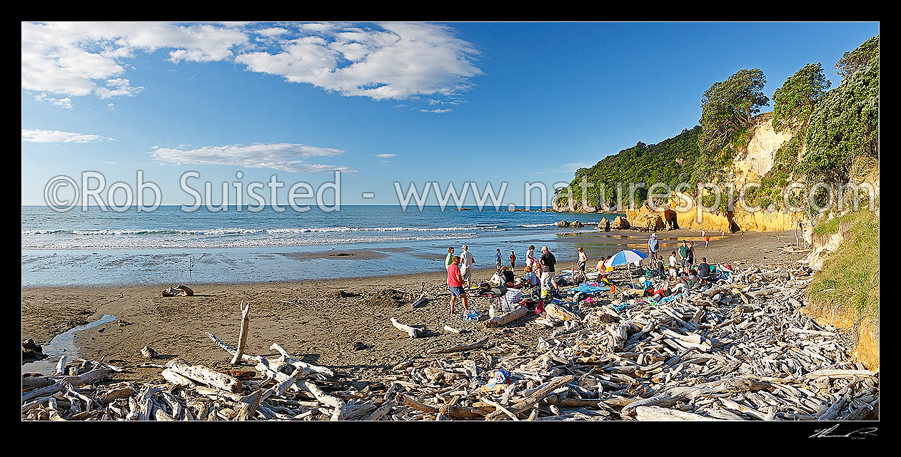 Image of Summer BBQ, large family and friends group enjoying beach and evening on Opotiki Beach. Panorama, Tiohanga, Opotiki District, Bay of Plenty Region, New Zealand (NZ) stock photo image