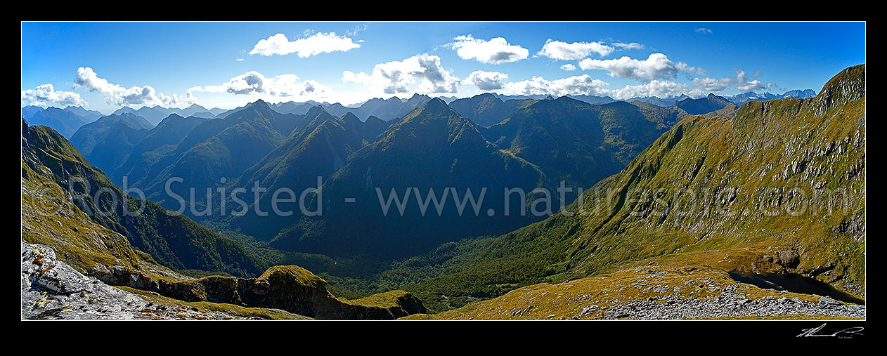 Image of Edith River valley from above the Wapiti River, looking west. Glaisnock Wilderness Area. Panorama, Fiordland National Park, Southland District, Southland Region, New Zealand (NZ) stock photo image