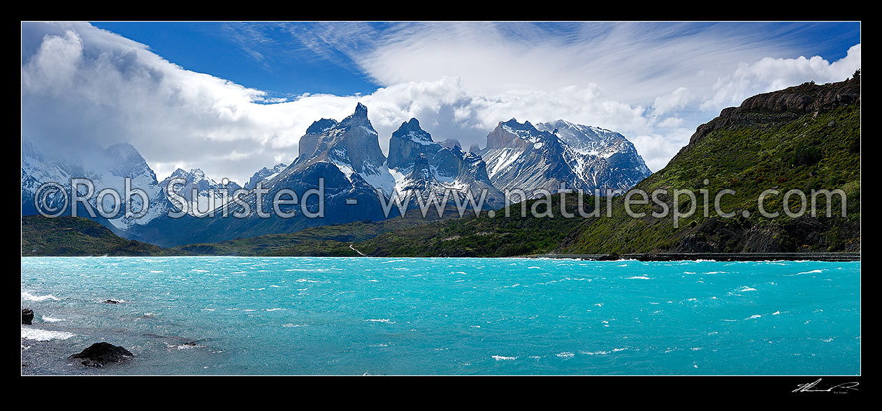 Image of The Cordillera del Paine in Torres del Paine National Park, with Lake Pehoe (Lago Pehoe). Chilean Patagonia. Panorama, Puerto Natales, Chile stock photo image