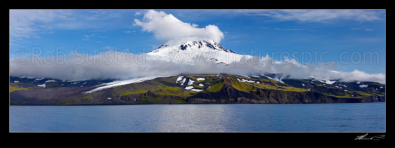 Image of Mt Beerenberg volcano (also known as Haakon VII Toppen[2]), world's northernmost subaerial active volcano. 2,277m high stratovolcano. Panorama, Jan Mayen Island stock photo image