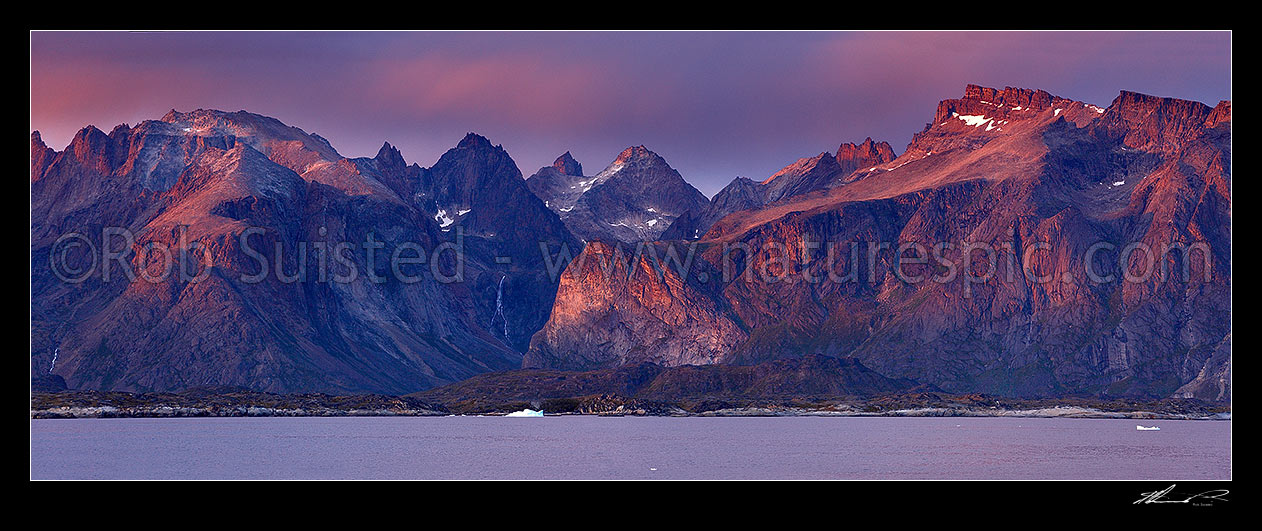 Image of Greenlandic sunset on fiords, mountains and icebergs near Narsarmijit in Kujalleq municipality, Prince Christian Sound, panorama, Prins Christian Sund, South Greenland, Greenland stock photo image