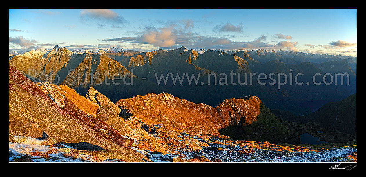 Image of Looking across the Edith River to the Edith-Wapiti River alpine tops at dusk. Lake Alice right. Glaisnock Wilderness Area panorama, Fiordland National Park, Southland District, Southland Region, New Zealand (NZ) stock photo image